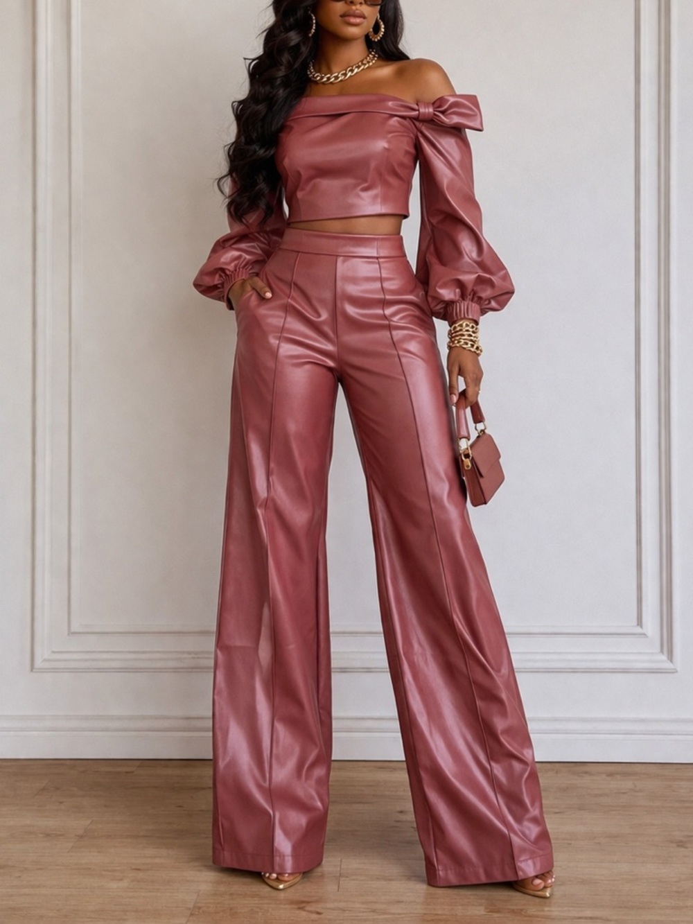 High-Rise Wide Leg Faux Leather Pants in Rose